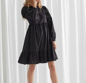 & Other Stories Boho Black Poplin Lace Cotton Long Sleeve Mini Dress Black SZ 0